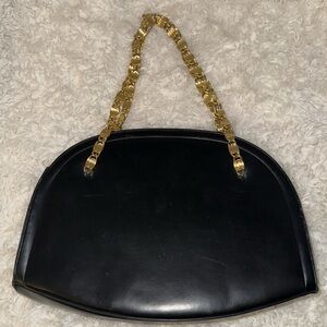 Vintage black leather Crown Lewis purse bag w/ gold chain